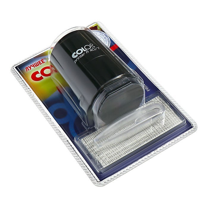 Печать автоматическая самонаборная COLOP Printer R 40/1-SET, диаметр 40 мм, 1 круг, касса А, чёрная Черный штамп COLOP Printer R40 на упаковке с прозрачной крышкой и подушечкой для чернил.