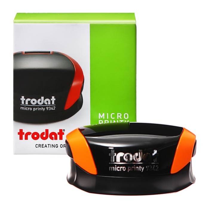 Штамп Trodat Micro Printy 9342 с черным и оранжевым корпусом и упаковкой.