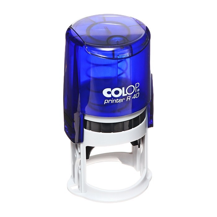 Оснастка для круглой печати автоматическая COLOP Printer R40, диаметр 41.5 мм, с крышкой, корпус индиго Синий штамп COLOP Printer R40 с прозрачной верхней частью и белым основанием.